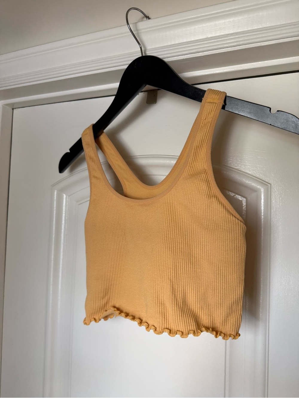 Spiritual Gangster Ribbed Lettuce-Hem Crop Tank in Mustard